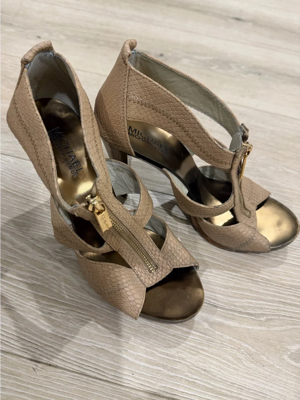 Michael Kors Nude Snakeskin Embossed Front Zip Cage Heels Size 7